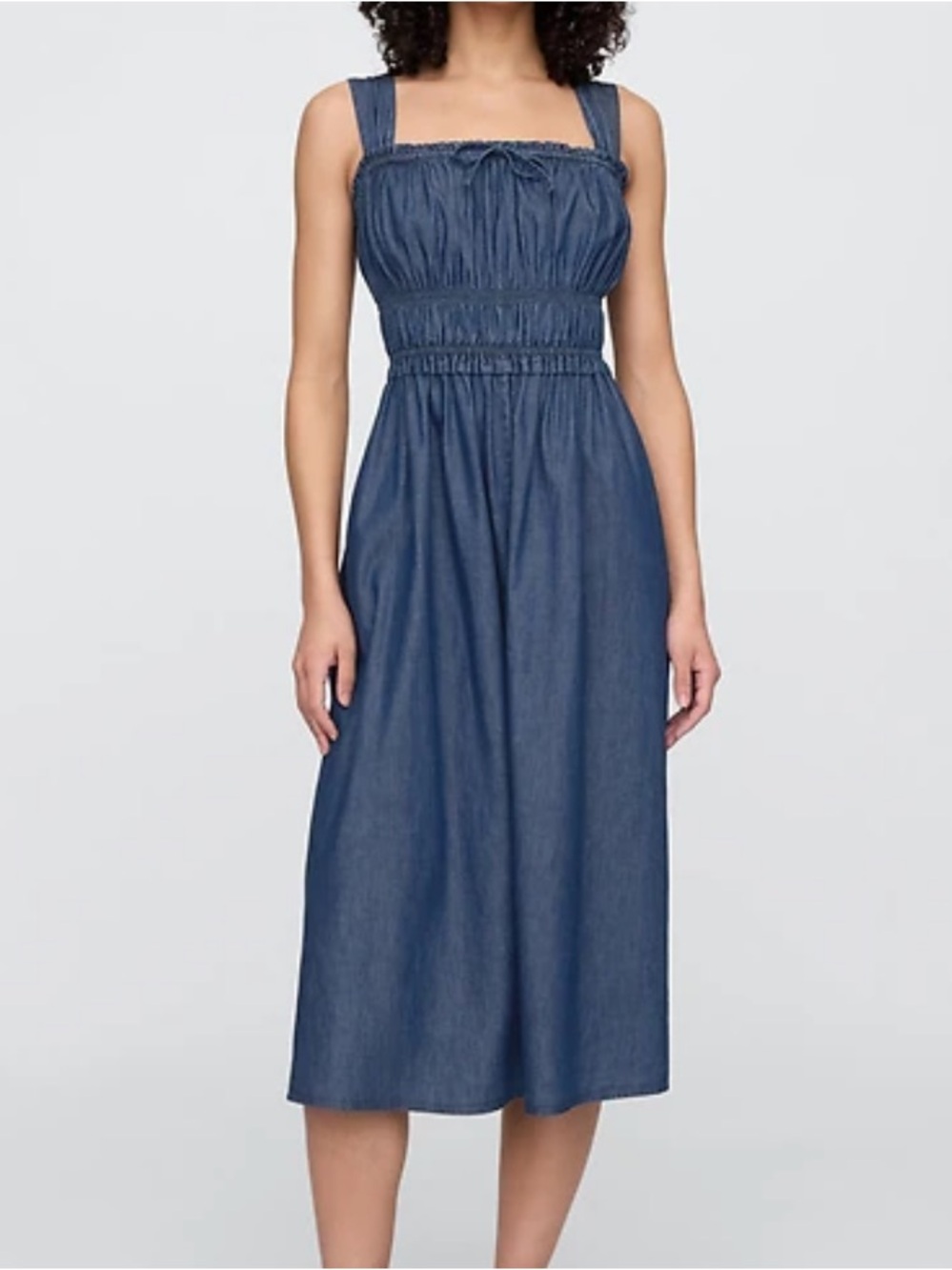Gap Factory smocked medium wash denim ruffle tie detail Doen like house dress